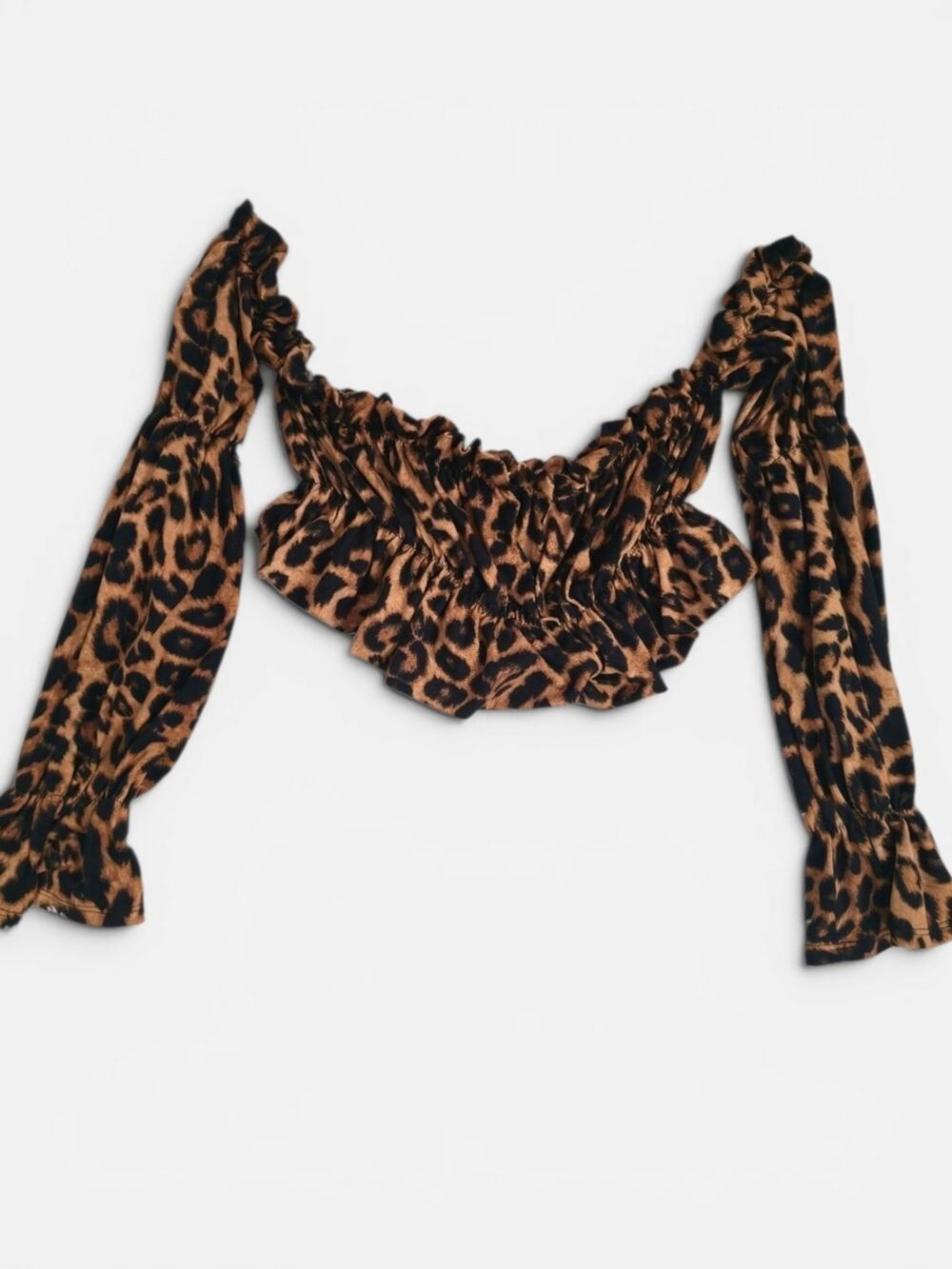 Black Bead Black And Brown Leopard Print Cropped Long Sleeve RuffleBlouse